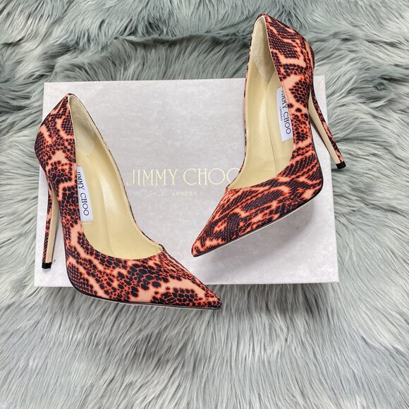 Jimmy Choo Anouk Mandarin Red Mix Snake Print Heels Pump - Picture 2 of 10